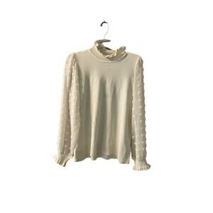 Adrianna Pappel‎ Blouse Top Women's SZ L Cream Polka Dot Long Sleeve Mock Neck